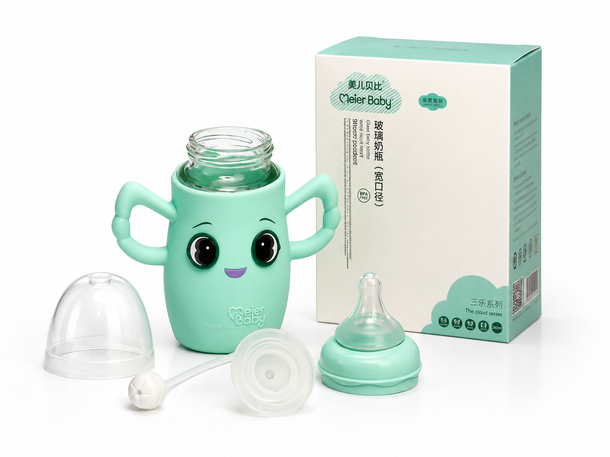 Meier Baby Wide-Neck Glass Feeding Bottle with Protective Silicone Sleeve 240ml (Mint Green)
