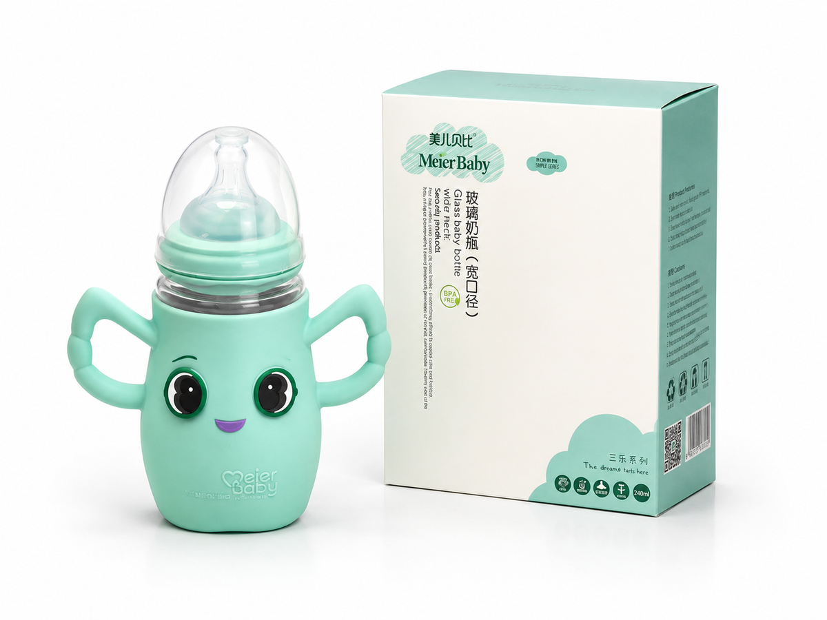Meier Baby Wide-Neck Glass Feeding Bottle with Protective Silicone Sleeve 240ml (Mint Green)