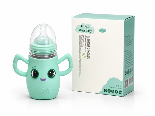 Meier Baby Wide-Neck Glass Feeding Bottle with Protective Silicone Sleeve 240ml (Mint Green)