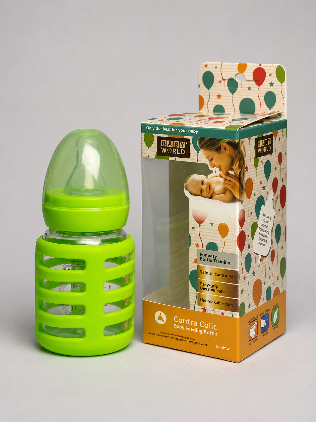 Baby World Mini Glass Feeding Bottle with Silicone Protective Sleeve (60ml / 2oz - Lime Green)