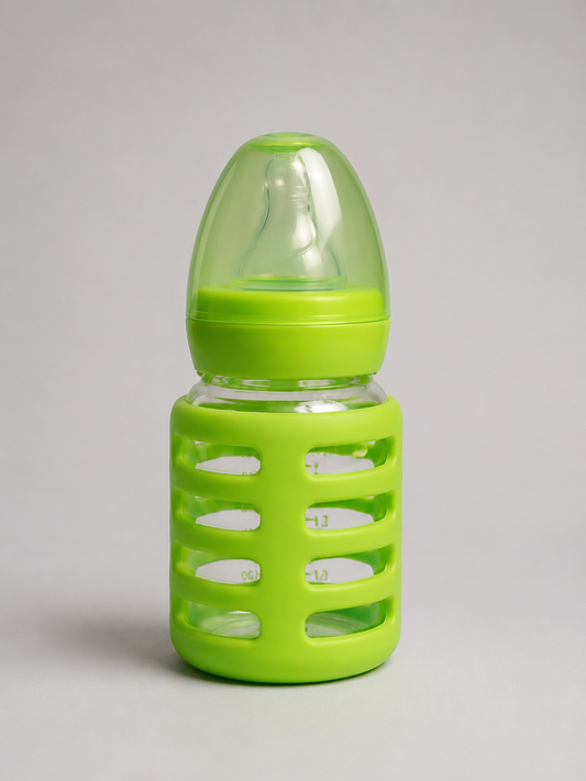 Baby World Mini Glass Feeding Bottle with Silicone Protective Sleeve (60ml / 2oz - Lime Green)