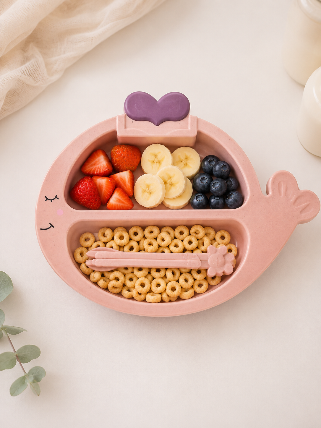 Kids Pink Whale Divided Feeding Plate with Spoon