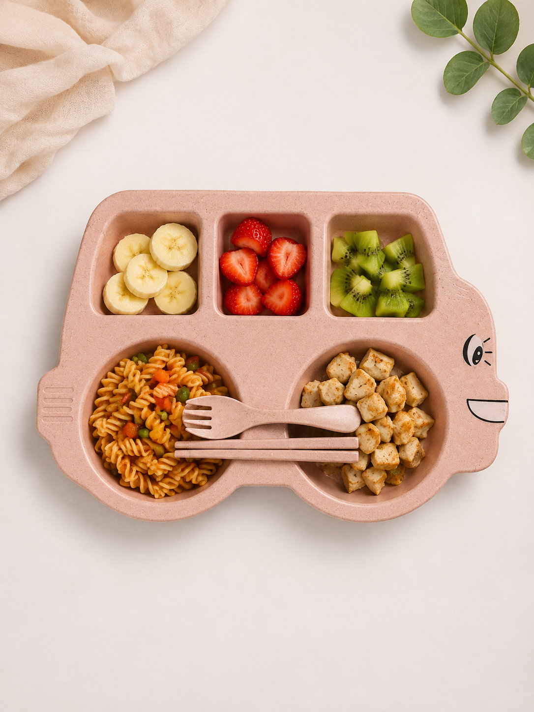 Cartoon Car-Shaped Baby Feeding Plate & Cutlery Set (Dusty Pink)