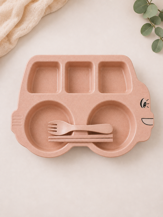 Cartoon Car-Shaped Baby Feeding Plate & Cutlery Set (Dusty Pink)