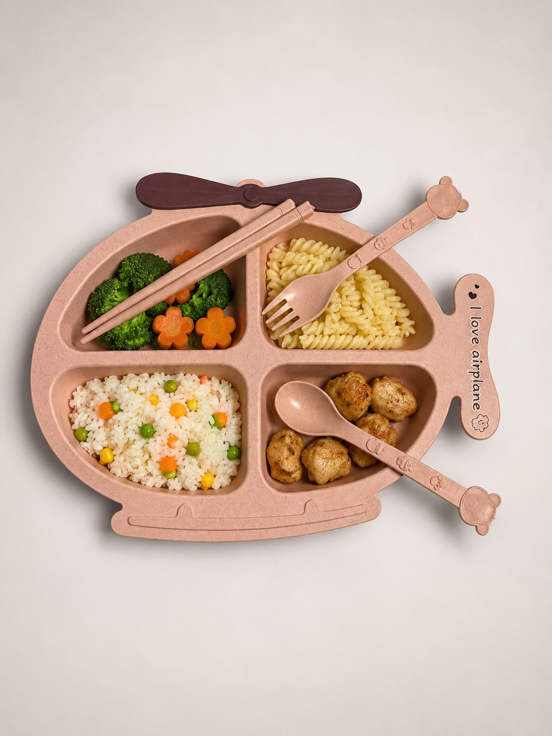 Pink Kids Fish-Shaped Dinner Plate with Spoon & Fork(Dusty Pink)