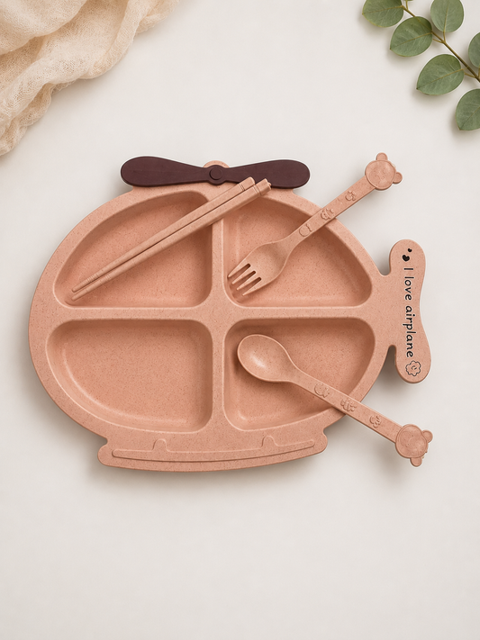 Pink Kids Fish-Shaped Dinner Plate with Spoon & Fork(Dusty Pink)
