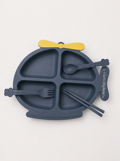 Fish-Shaped Dinner Plate with Spoon & Fork (Dark Blue)