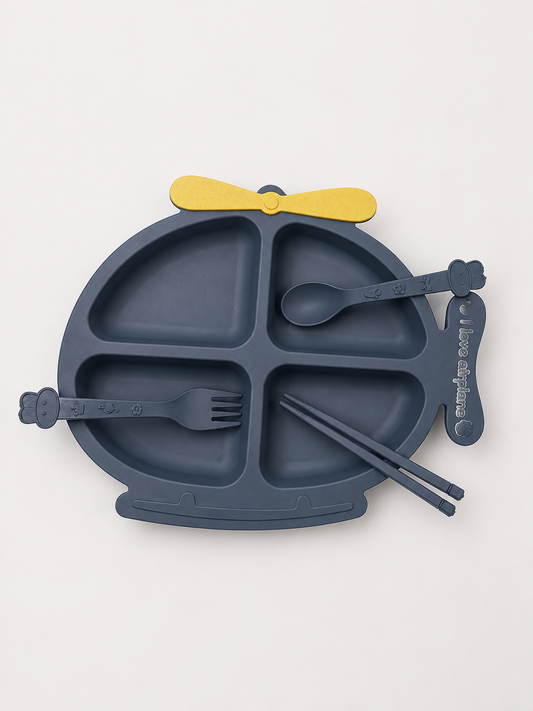 Fish-Shaped Dinner Plate with Spoon & Fork (Dark Blue)