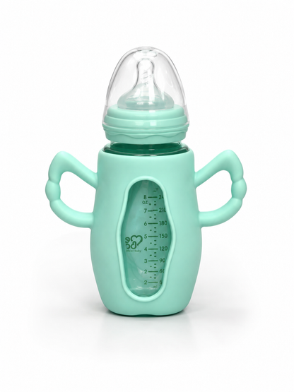 Meier Baby Wide-Neck Glass Feeding Bottle with Protective Silicone Sleeve 240ml (Mint Green)