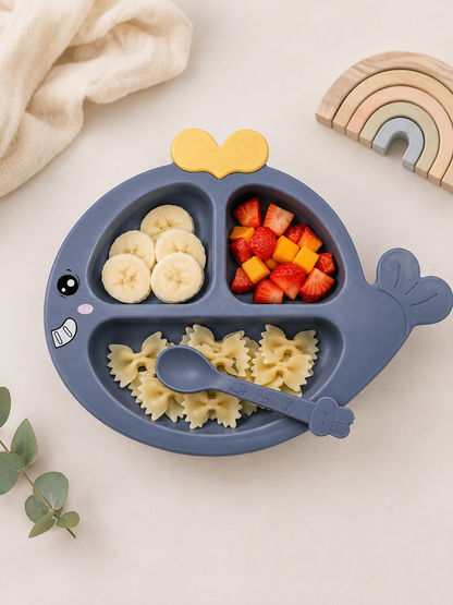 Kids Blue Whale Divided Feeding Plate with Spoon