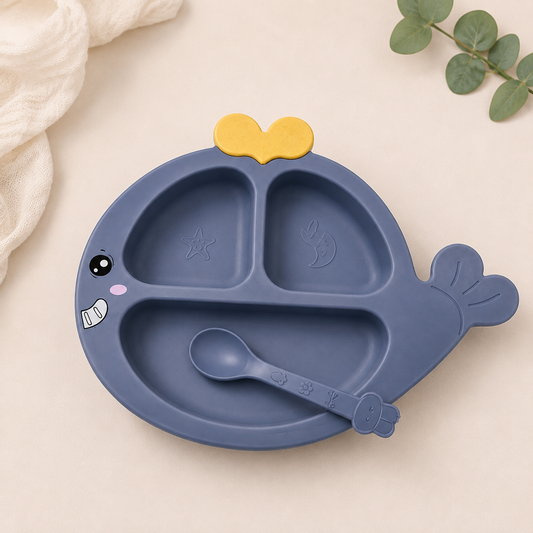 Kids Blue Whale Divided Feeding Plate with Spoon